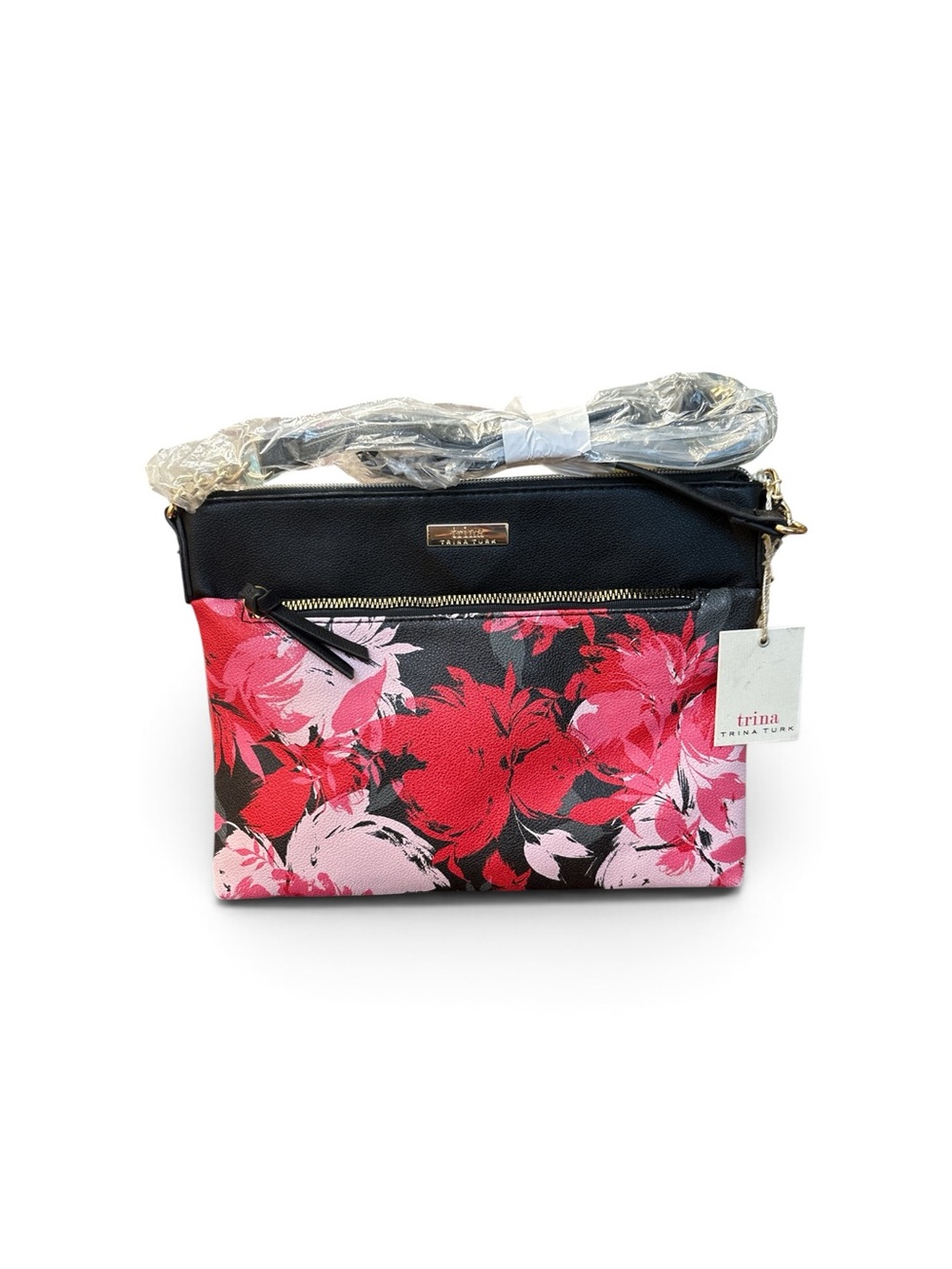 Trina Turk Black Crossbody with Pink and Red Floral Print NWT